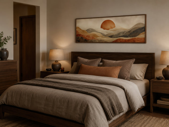 Long horizontal boho desert canvas print with terracotta sun and hills above a dark wood bed.