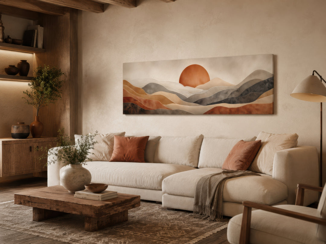 Long horizontal canvas print of a boho desert landscape in terracotta and earth tones above a sofa.