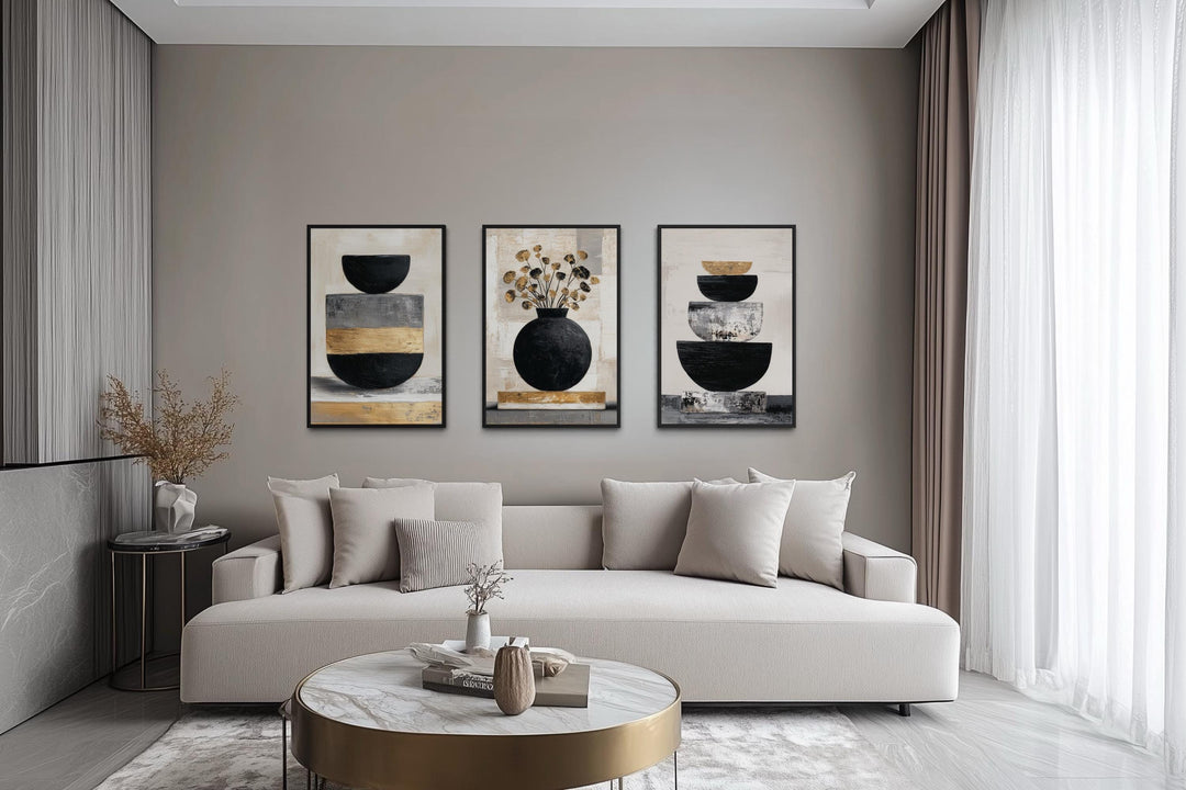 Boho Floral Wall Art Set of 3 – Modern Botanical Canvas Prints | Black Gold Vase