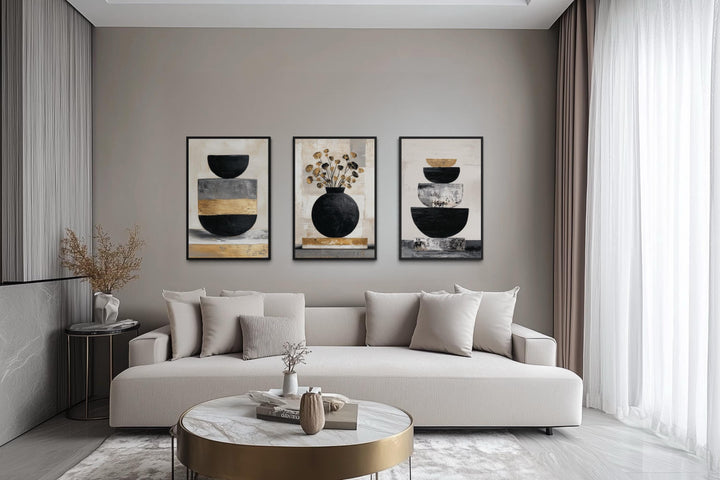 Boho Floral Wall Art Set of 3 – Modern Botanical Canvas Prints | Black Gold Vase