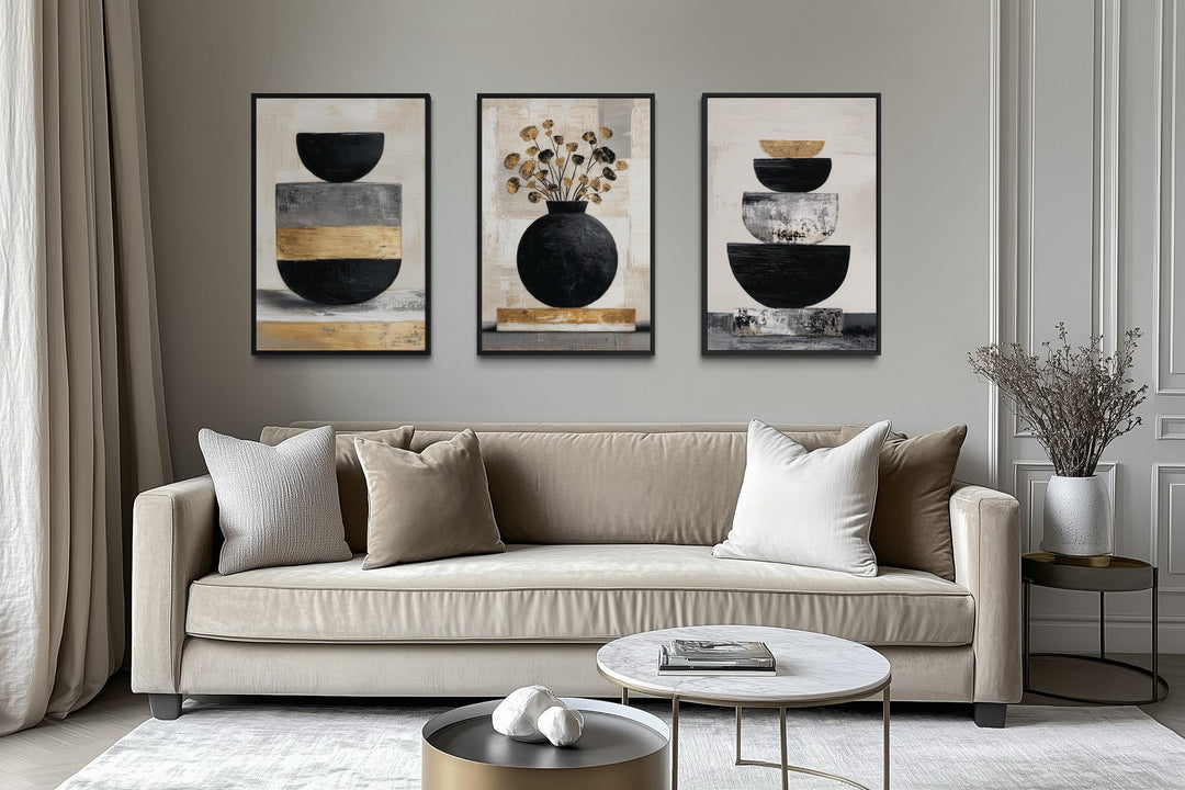 Boho Floral Wall Art Set of 3 – Modern Botanical Canvas Prints | Black Gold Vase