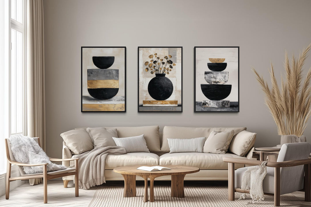 Boho Floral Wall Art Set of 3 – Modern Botanical Canvas Prints | Black Gold Vase
