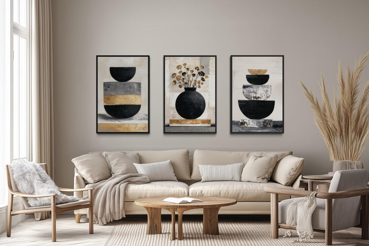 Boho Floral Wall Art Set of 3 – Modern Botanical Canvas Prints | Black Gold Vase