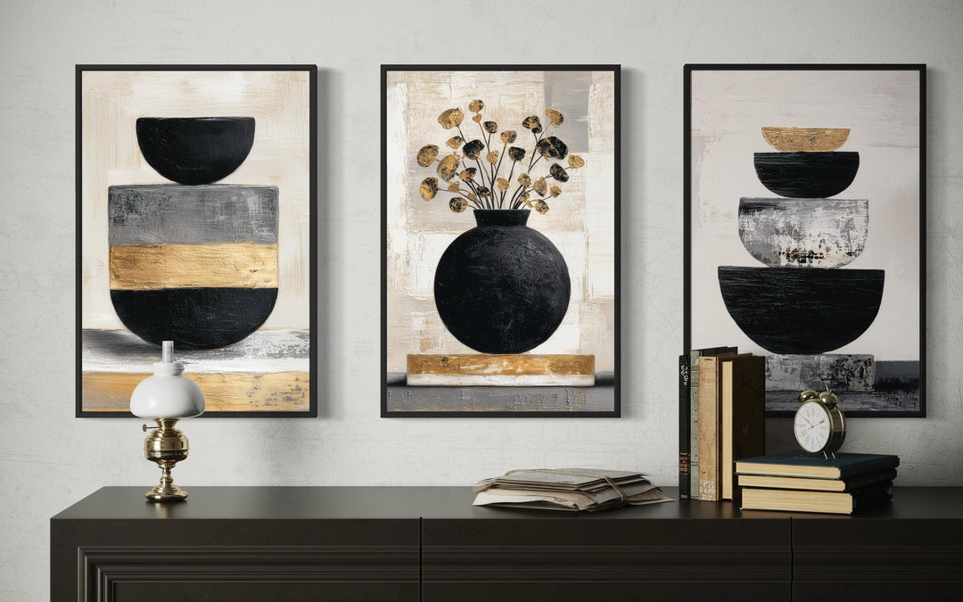 Boho Floral Wall Art Set of 3 – Modern Botanical Canvas Prints | Black Gold Vase