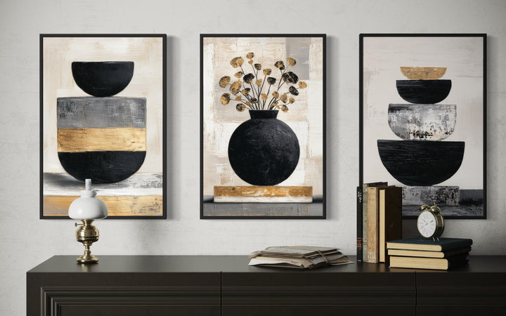 Boho Floral Wall Art Set of 3 – Modern Botanical Canvas Prints | Black Gold Vase
