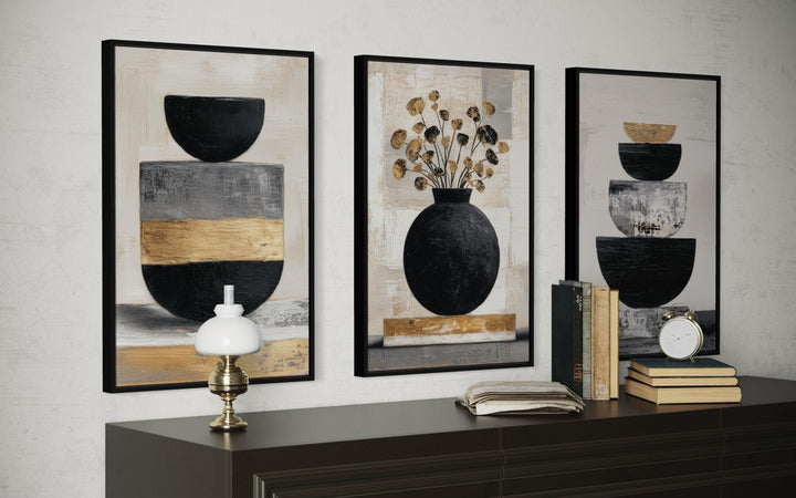Boho Floral Wall Art Set of 3 – Modern Botanical Canvas Prints | Black Gold Vase