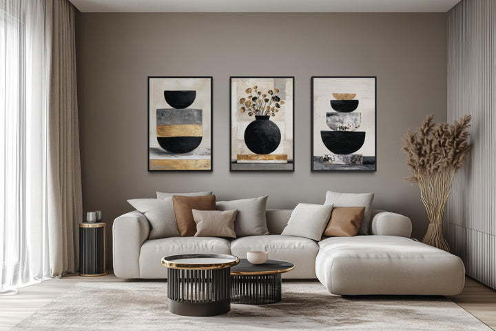 Boho Floral Wall Art Set of 3 – Modern Botanical Canvas Prints | Black Gold Vase