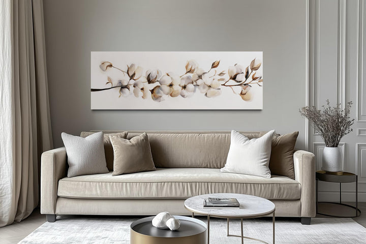 Boho Long Horizontal Neutral Cotton Plant Painting Canvas Wall Art