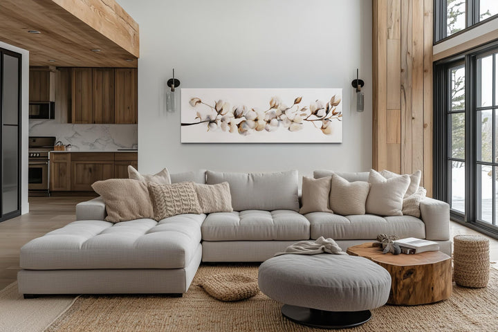Boho Long Horizontal Neutral Cotton Plant Painting Canvas Wall Art
