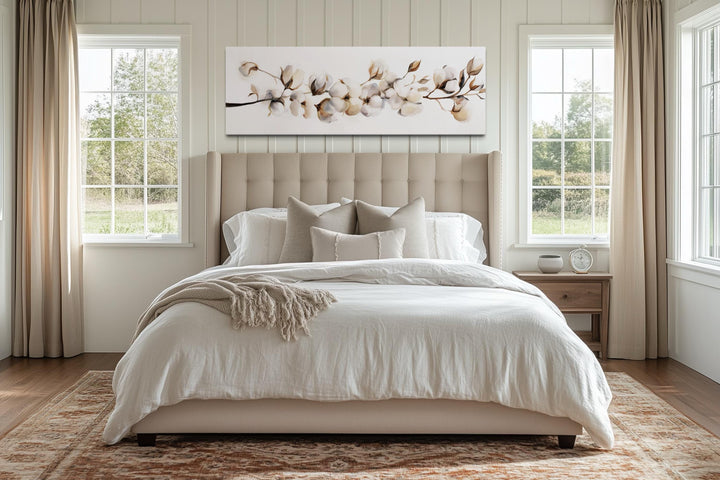 Boho Long Horizontal Neutral Cotton Plant Painting Canvas Wall Art