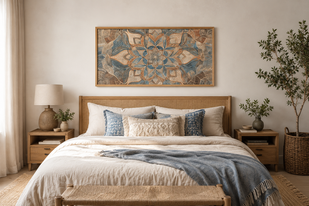 Large framed mandala wall art in blue and beige earth tones hanging above a wooden bed frame.