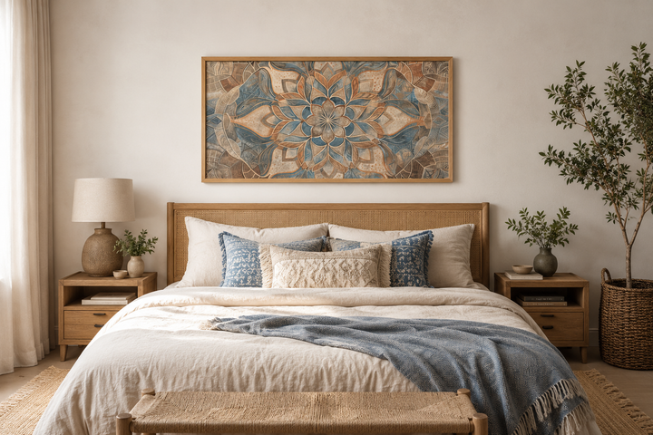 Large framed mandala wall art in blue and beige earth tones hanging above a wooden bed frame.