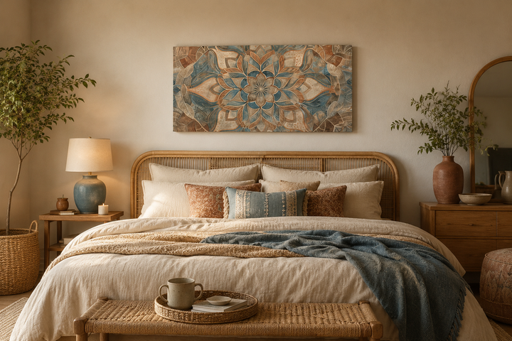Large framed canvas boho mandala wall art in blue and beige earth tones above a bed.