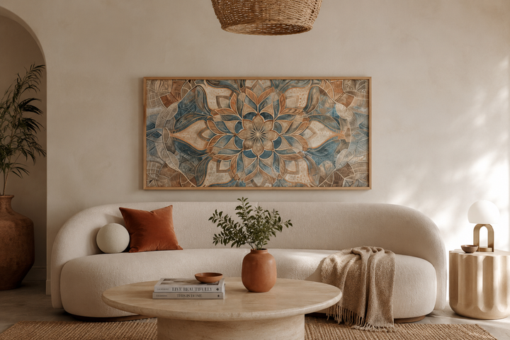 Large framed mandala canvas wall art in blue and beige earth tones above a white curved sofa.