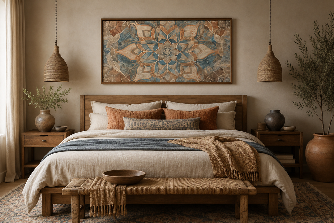Large framed boho mandala wall art in blue and beige earth tones hanging above a wooden bed.
