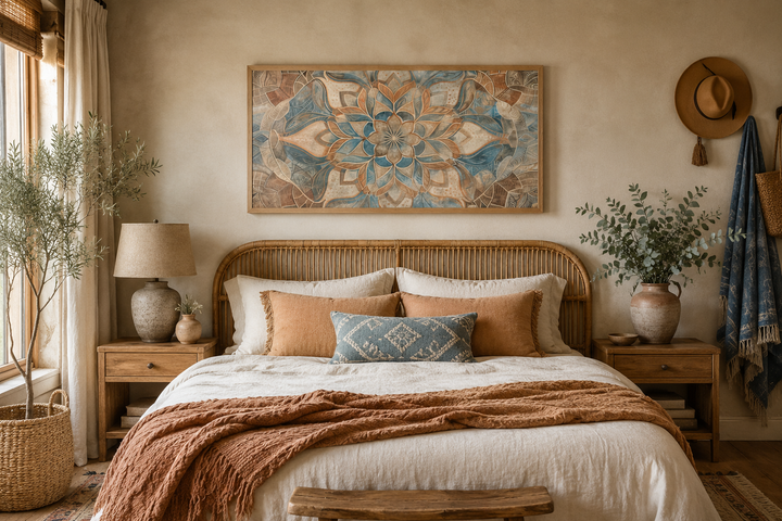 Large framed boho mandala wall art in blue and earth tones hanging above a rattan bed.
