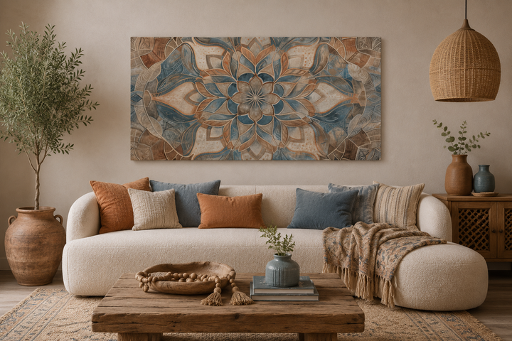 Large framed canvas wall art featuring a blue and beige boho mandala pattern above a white sofa.