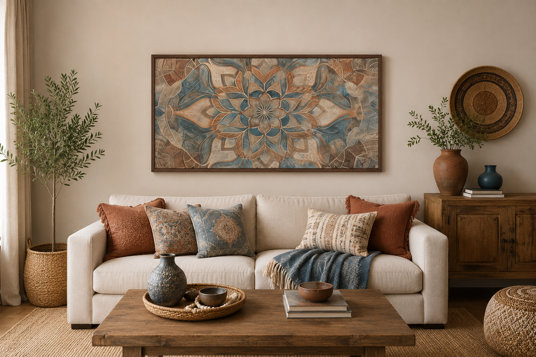 Large framed boho mandala wall art in blue and earth tones above a neutral sofa with pillows.