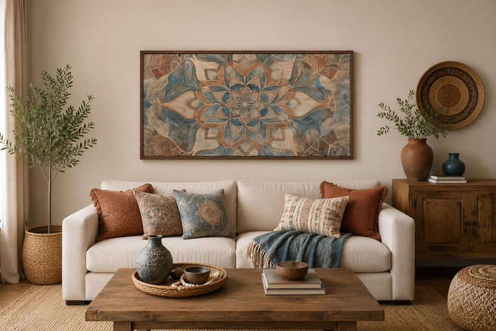 Large framed boho mandala wall art in blue and earth tones above a neutral sofa with pillows.