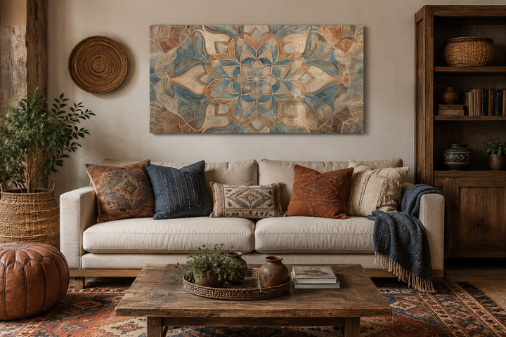 Large framed canvas boho mandala wall art in blue and earth tones above a neutral sofa.