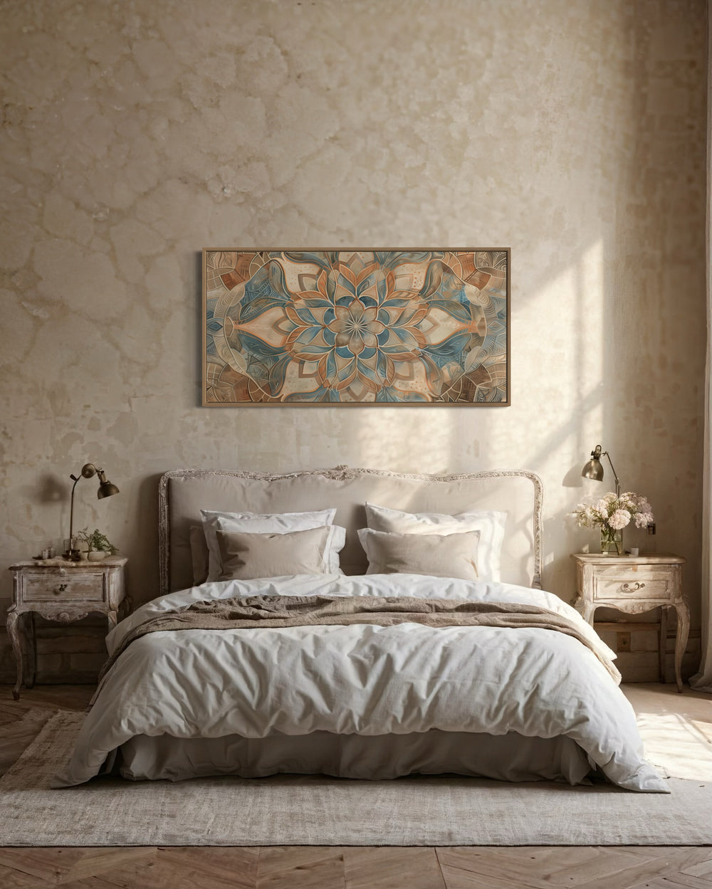 Large framed boho mandala canvas wall art in blue and earth tones hanging above a bed.
