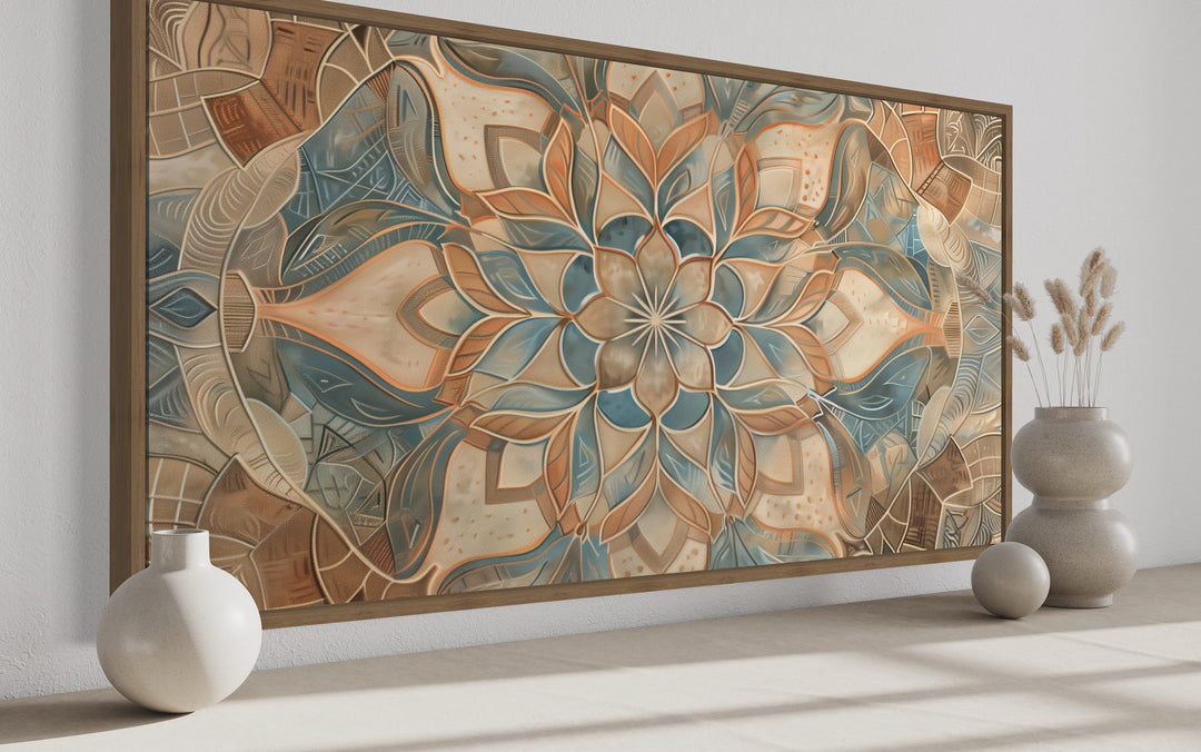 Boho Mandala Wall Art – Large Framed Canvas With Neutral Color Palette & Earth Tone Artwork