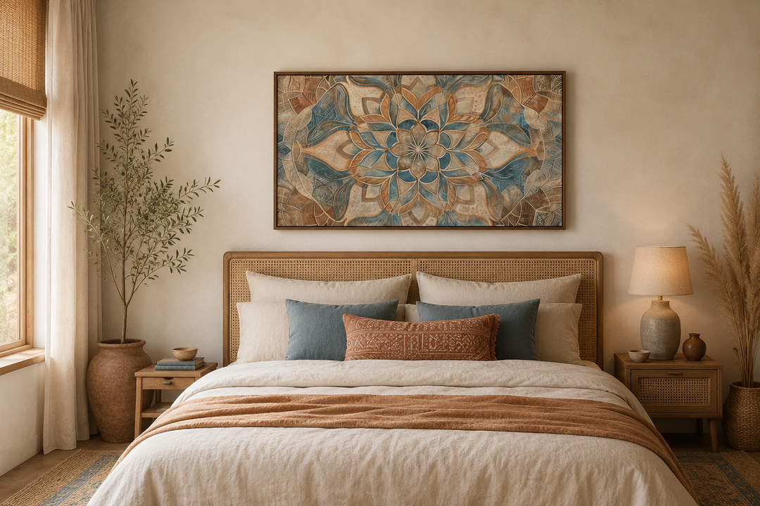 Large framed boho mandala canvas wall art in blue and beige earth tones above a bed.