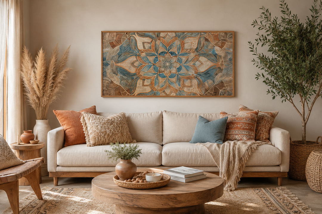 Large framed boho mandala wall art in blue and beige earth tones above a neutral sofa.