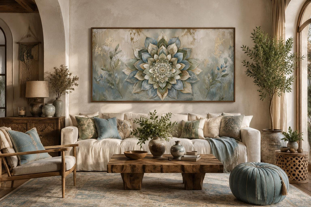 Boho mandala canvas print with layered flower design in sage, cream, and gold above a neutral sofa.