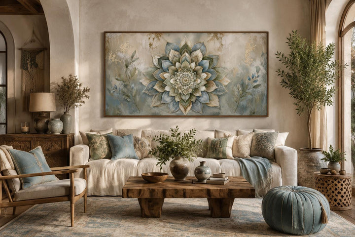 Boho mandala canvas print with layered flower design in sage, cream, and gold above a neutral sofa.