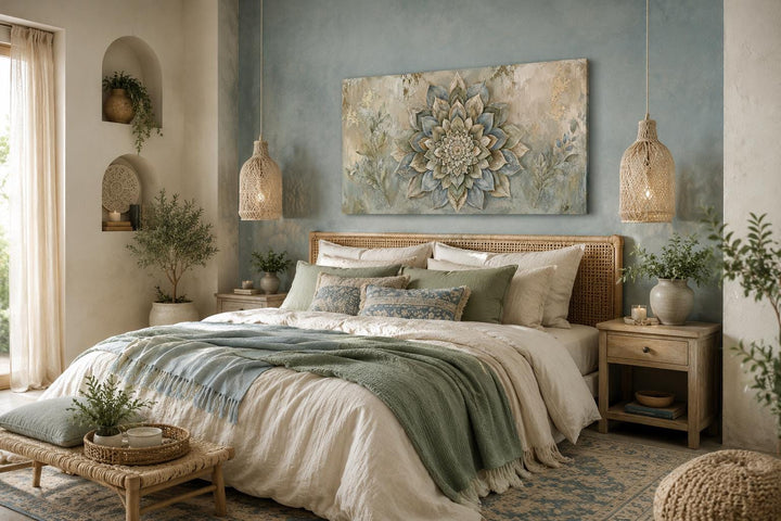 Boho mandala flower canvas print with gold accents above a bed in a sage green and cream bedroom.