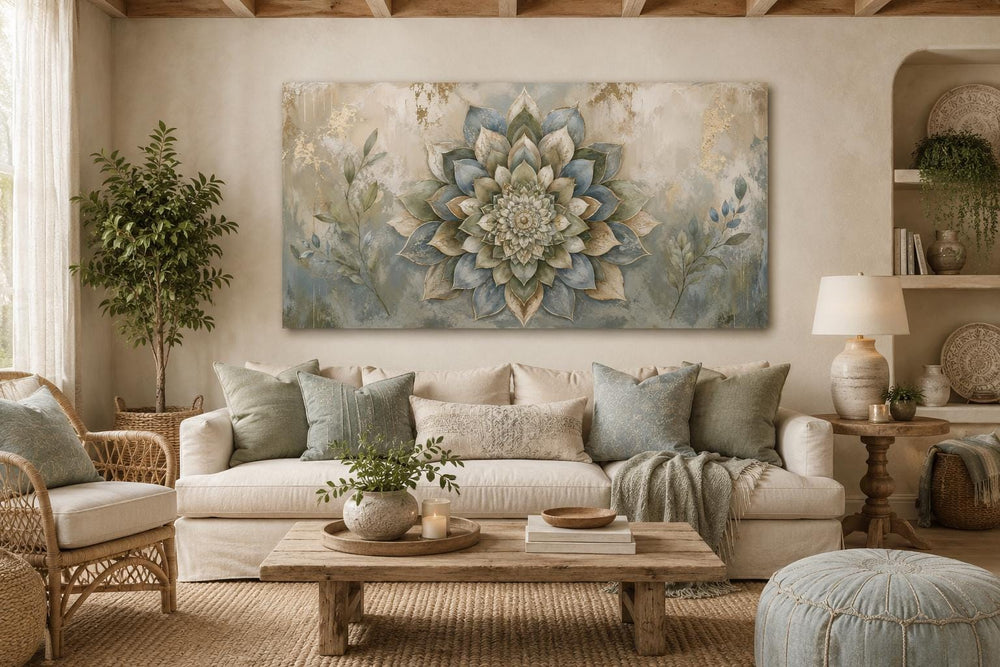 Boho mandala flower canvas print with gold accents above a sofa in a neutral living room.
