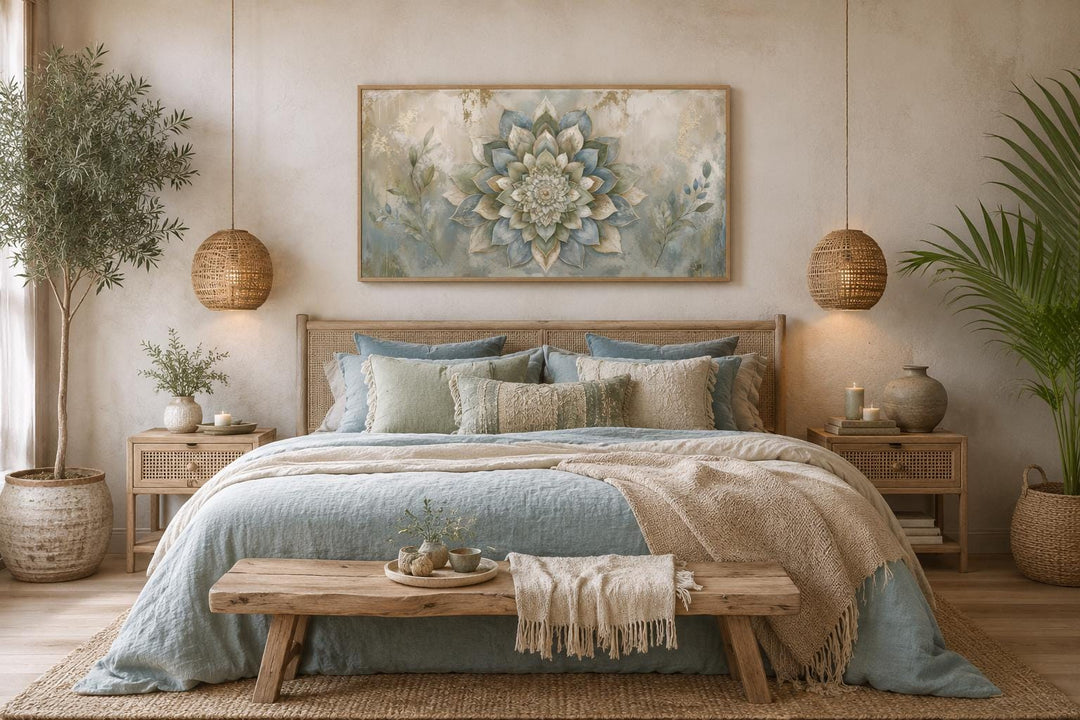 Boho mandala flower canvas print with gold accents above a bed in a neutral, earthy bedroom.
