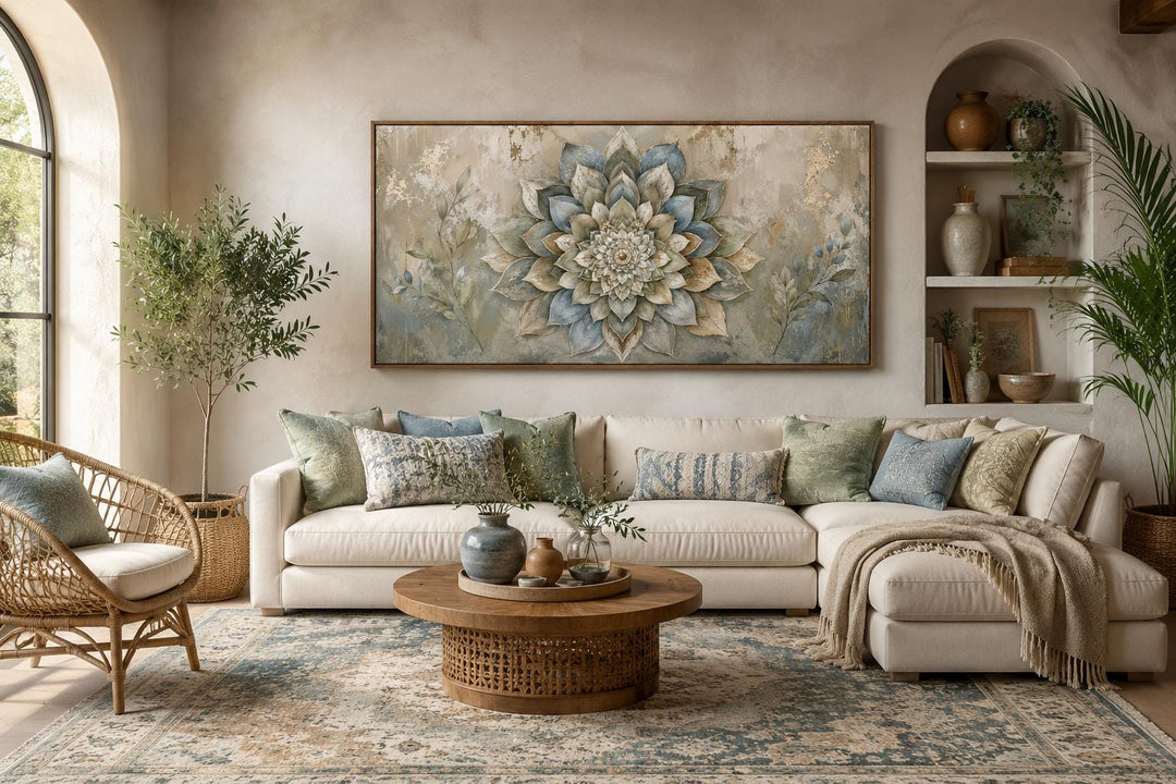 Large horizontal canvas print of a layered sage and gold mandala flower above a cream sofa.