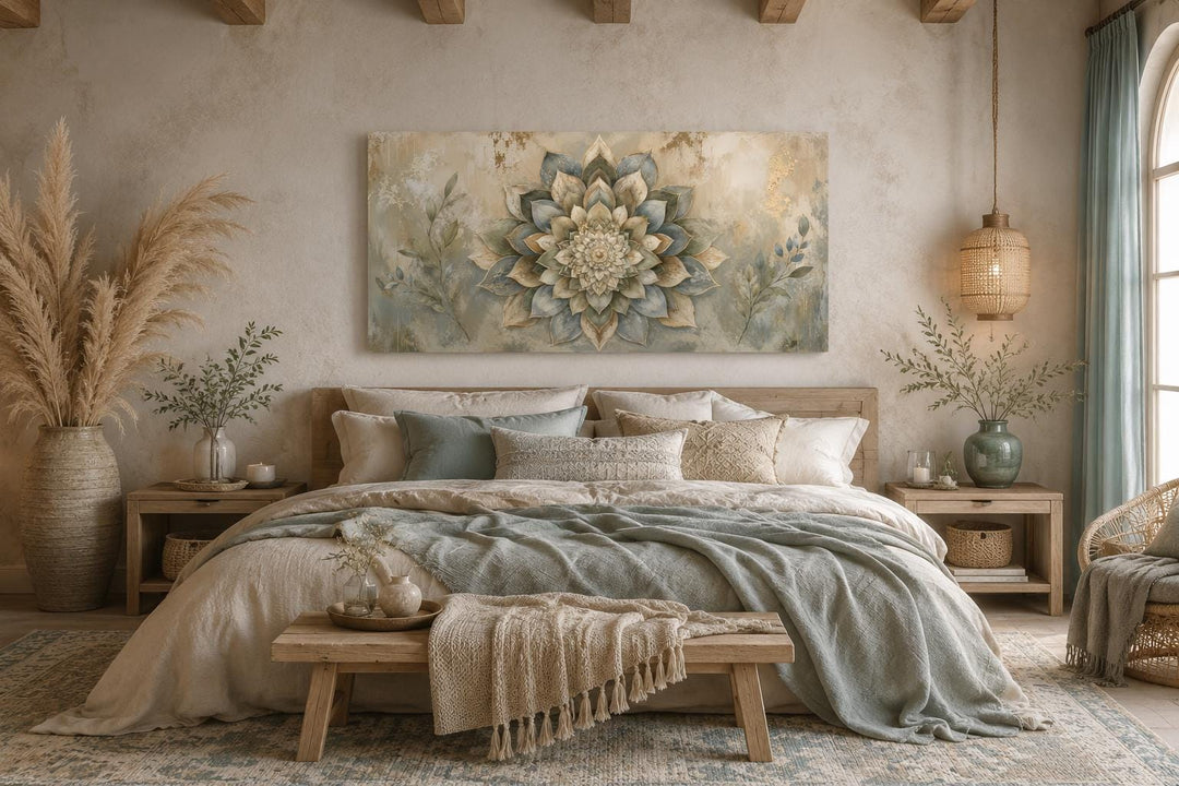 Boho mandala flower canvas print with gold accents above a bed in a neutral, earthy bedroom.