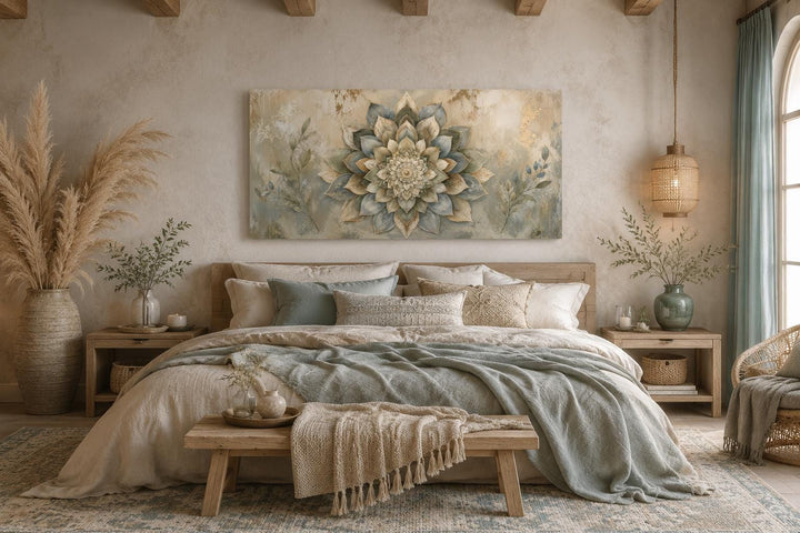 Boho mandala flower canvas print with gold accents above a bed in a neutral, earthy bedroom.