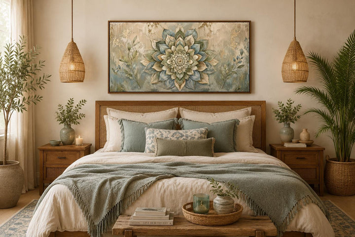 Boho mandala flower canvas print with gold accents in a sage and cream bedroom setting.