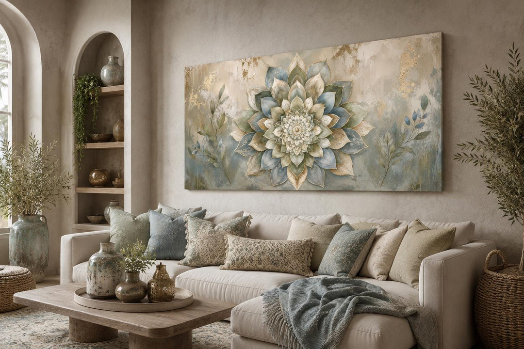 Large horizontal canvas print of a layered sage and gold mandala flower above a beige sofa.