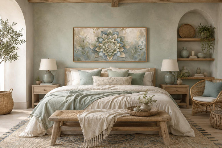 Boho mandala flower canvas print with gold accents above a bed in a sage green bedroom.