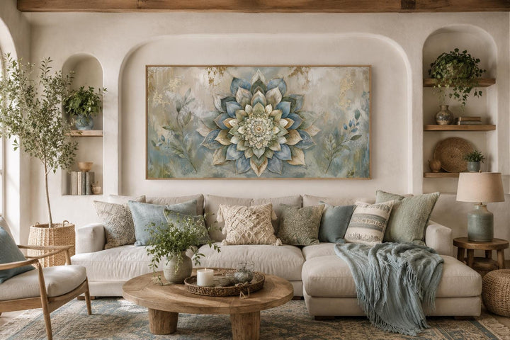 Boho mandala flower canvas print with gold accents and sage green tones above a sofa.