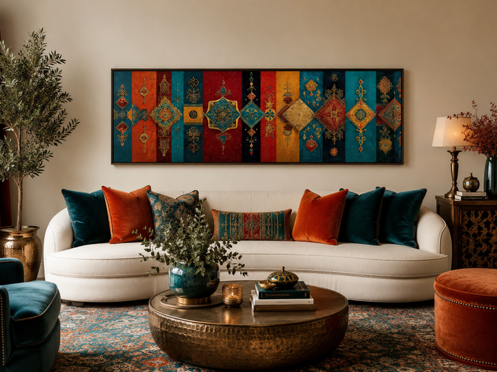 Boho Moroccan long horizontal colorful geometric wall art above a white sofa in a living room.