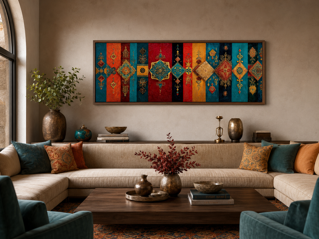 Long horizontal Moroccan geometric wall art with colorful tile patterns above a beige sofa.