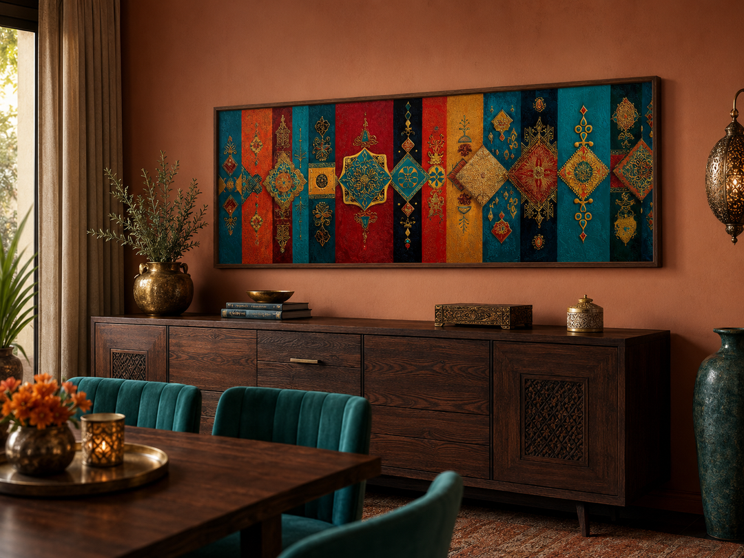 Long horizontal Moroccan geometric wall art with colorful patterns above a dark wood sideboard.