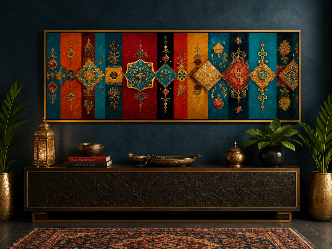 Boho Moroccan long horizontal wall art with colorful geometric patterns and gold accents.