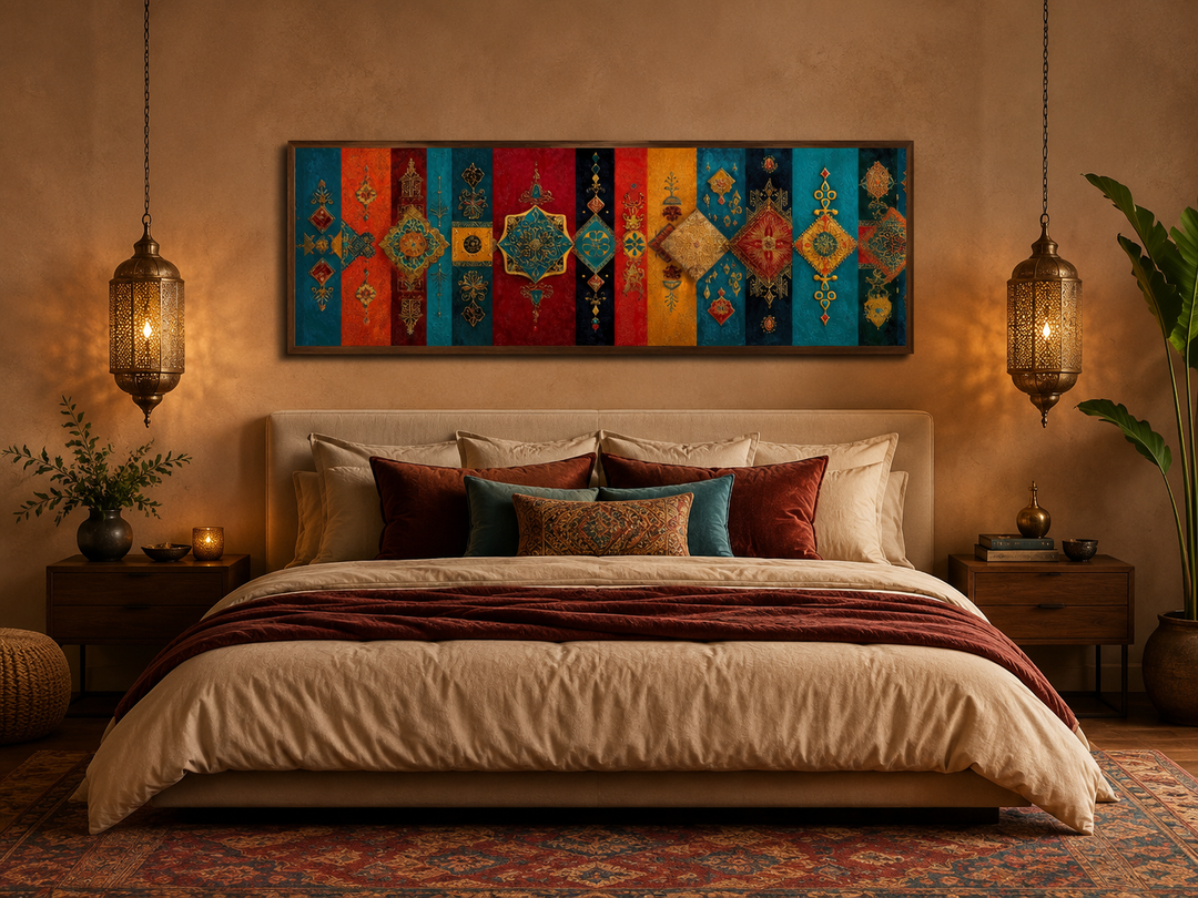 Boho Moroccan long horizontal colorful geometric wall art above a bed in a warm-toned bedroom.
