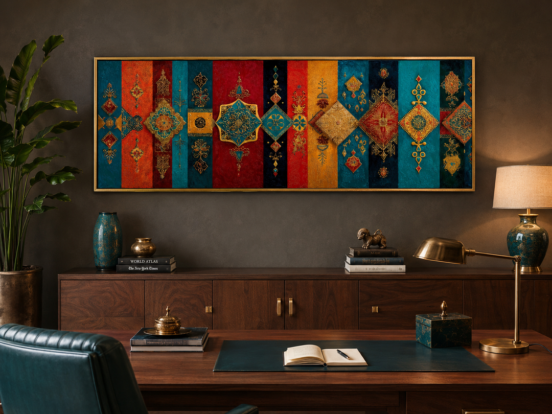 Boho Moroccan long horizontal wall art with colorful geometric patterns and gold accents.