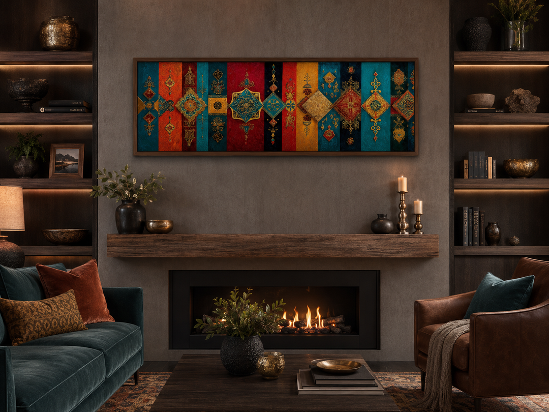 Boho Moroccan long horizontal colorful geometric wall art above a fireplace in a cozy living room.