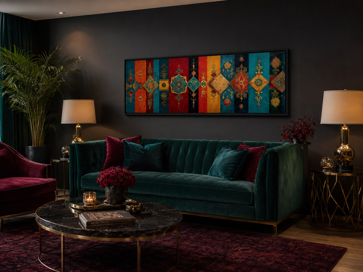 Boho Moroccan long horizontal colorful geometric wall art above a green velvet sofa.