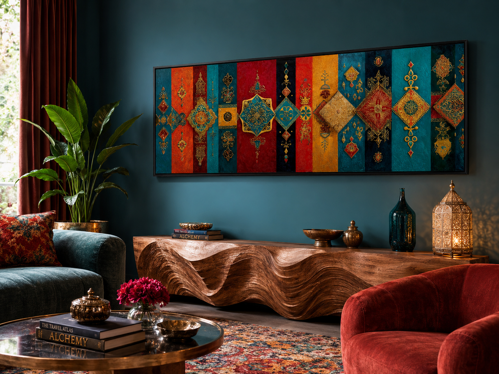 Boho Moroccan long horizontal wall art with colorful geometric patterns in a teal living room.