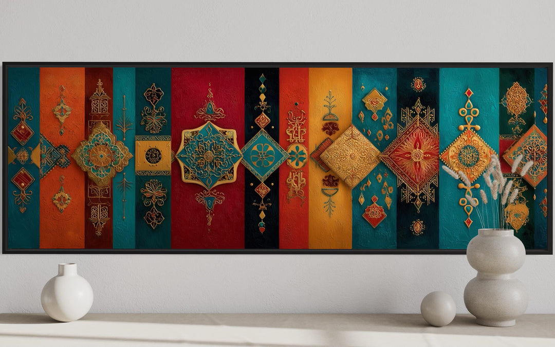 Boho Moroccan long horizontal wall art with colorful geometric patterns and intricate motifs.